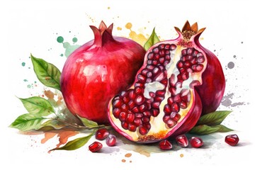 Pomegranate entire and chopped with leaves watercolor artwork isolated on white backdrop. Generative AI