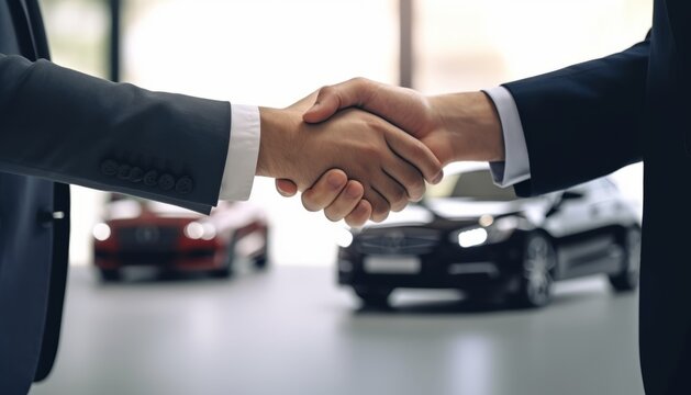 Dealer and new owner handshake after concluding a car deal. Concept of car dealerships, used cars, car sale and rent, auto deal