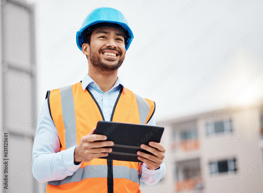 Poster construction worker, tablet and man builder with research and digital data for building installation