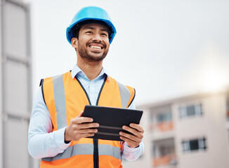 Construction worker, tablet and man builder with research and digital data for building...