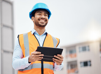Construction worker, tablet and man builder with research and digital data for building installation. Thinking, engineer and male contractor with app and industrial project with tech and online plan