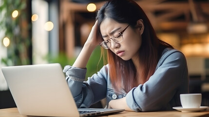 Fototapeta premium Tired asian woman in stress while working on laptop and holds her hand on her temples. Emotionally stressed business woman and mental health with a female employee struggling on a deadline