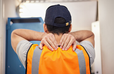 Construction, work and back of a man with pain from building, home renovation or handyman work....