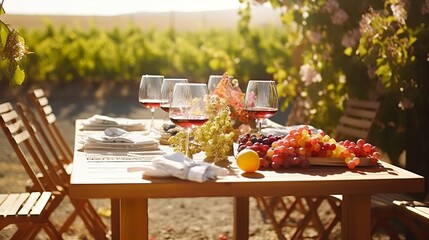 Empty wineglass placed near board with fruits on banquet table on sunny summer day
