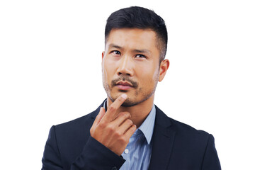 Thinking, vision and business man solution, ideas or decision isolated transparent, png background. Corporate employee or professional asian person for brainstorming, questions emoji or job strategy