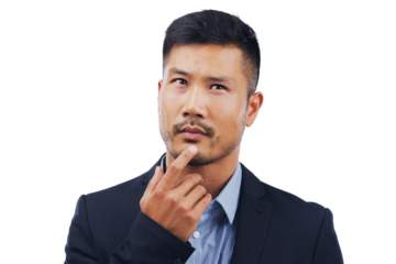 Thinking, vision and business man solution, ideas or decision isolated transparent, png background. Corporate employee or professional asian person for brainstorming, questions emoji or job strategy