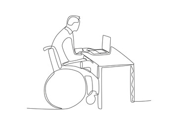 Single continuous line drawing of a man in wheelchair is finishing work at his desk
