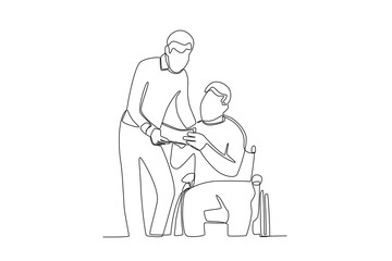 Single continuous line drawing of a man in wheelchair is finishing work at his desk
