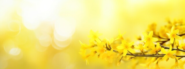 flowering forsythia in springtime sunshine, floral spring background banner concept with copy space