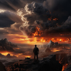 A man looking to a flames surrounded by gray clouds