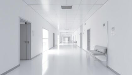 Front view of empty hospital corridor in white. Minimal clean hospital corridor without people, nobody