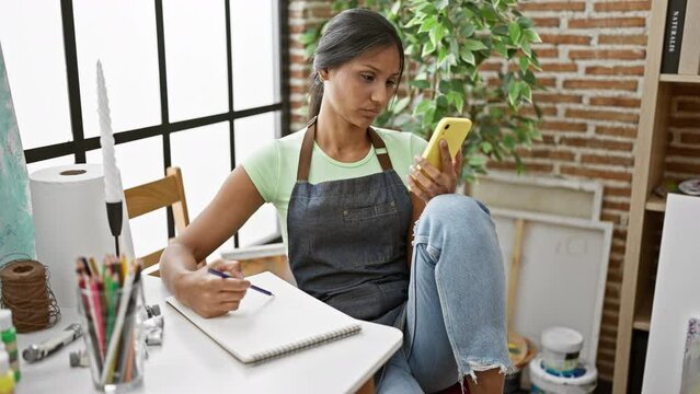 Young latin woman artist drawing on notebook looking smartphone at art studio