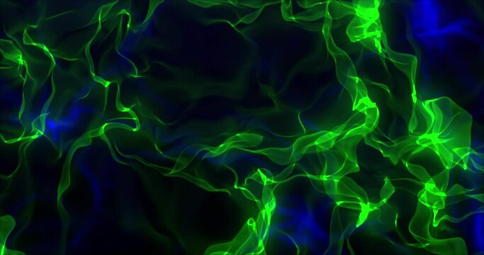 Smoky background. Bright neon green blue color smoke over black background. Motion graphics background