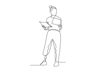 Single continuous line drawing of a woman with prosthetic leg reading work report 