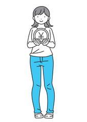 硬貨を持った若い女性