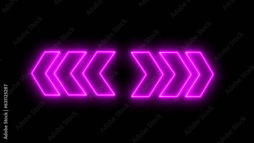 Poster left and right set of glowing neon arrows. glowing neon arrow pointers on black background.