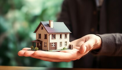 Hand of man holding model house. Mortgage, home loan, real estate insurance and banking concept