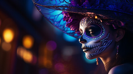 La Catrina dia de muertos schöne Frau mit Maske / Make-up, dekoriert mit Blumen Kostüm. Tag der Toten in Mexico. Querformat. Generative Ai. - obrazy, fototapety, plakaty