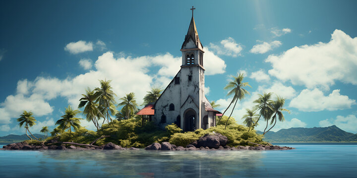 Background view of the island, A small island with a  chruch on it, generative Ai