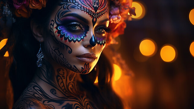 La Catrina dia de muertos sch&ouml;ne Frau mit Maske / Make-up, dekoriert mit Blumen Kost&uuml;m. Tag der Toten in Mexico. Querformat. Generative Ai.