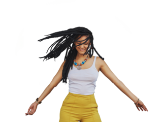 Happy, dancing and woman with dreadlocks hair isolated on a transparent png background. Smile, freedom and African person with braids, energy for moving to rhythm of music and celebration of party