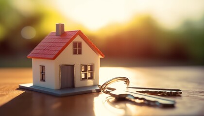 House key and house model, sunlight background. Mortgage, investment, real estate, property and new home concept