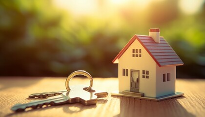 House key and house model, sunlight background. Mortgage, investment, real estate, property and new home concept
