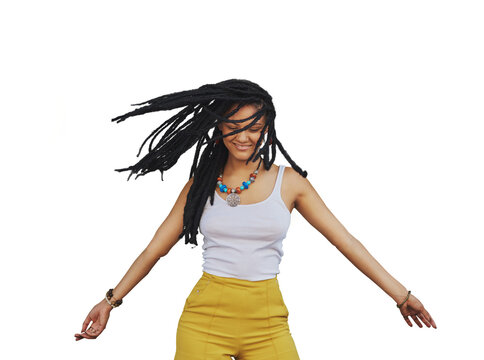 Happy, dancing and woman with dreadlocks hair isolated on a transparent png background. Smile, freedom and African person with braids, energy for moving to rhythm of music and celebration of party
