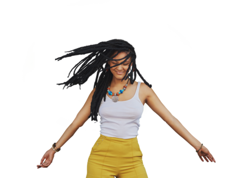 Happy, dancing and woman with dreadlocks hair isolated on a transparent png background. Smile, freedom and African person with braids, energy for moving to rhythm of music and celebration of party