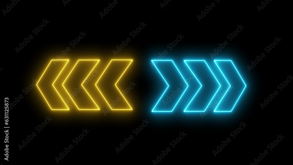 Poster left and right set of glowing neon arrows. glowing neon arrow pointers on black background.