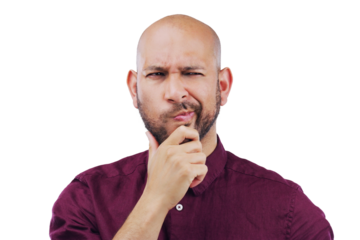 Business man, thinking and confused or doubt in startup career, creative decision or brainstorming solution. Worker, employee or person, idea or problem solving isolated on transparent png background