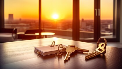 Keys on the table in new apartment against the background of sunset and large windows. Mortgage, investment, rent, real estate, property concept