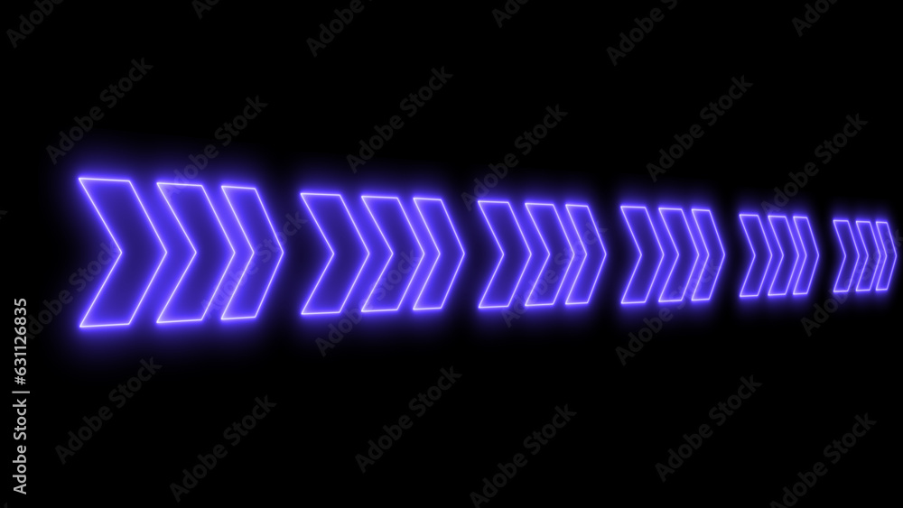Poster arrow. bright neon light arrows pointing to the right. glowing neon arrows on a black background. fl