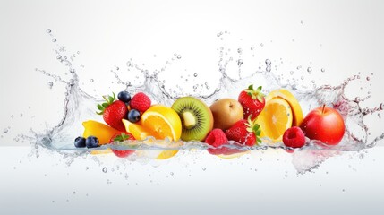 fresh fruits with splash on light pink yellow background, ai generated