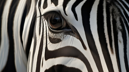A close-up of a zebra's face showcasing its distinct black and white stripes