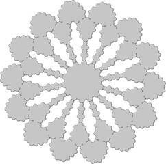 Round figure with gray backing.