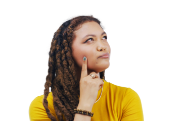 Woman thinking, student ideas and doubt for university, college or education decision, choice and vision. African person, question emoji and future planning isolated on transparent, png background