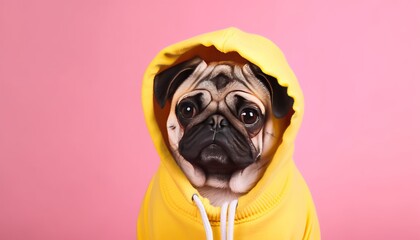 Portrait Cute pretty pug dog dressed in yellow hood isolated on pastel flat pink background with copy space