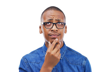 Black man, thinking and confused by question, why or remember idea for planning on isolated,...