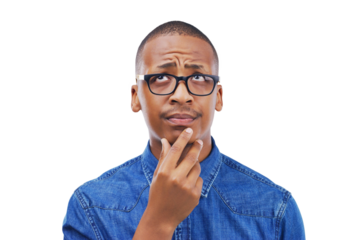 Black man, thinking and confused by question, why or remember idea for planning on isolated, transparent or png background. Doubt, guy and hand on face for solution, problem solving or brainstorming