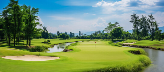 Panorama view of Golf Course with fairway field. Golf course with a rich green turf beautiful scenery. Generative AI.
