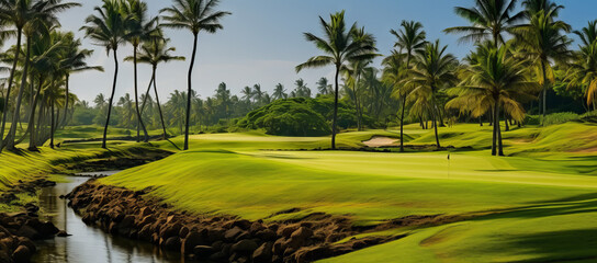 Fototapeta premium image of a golf course in the tropics with palm trees in the background. Generative AI.
