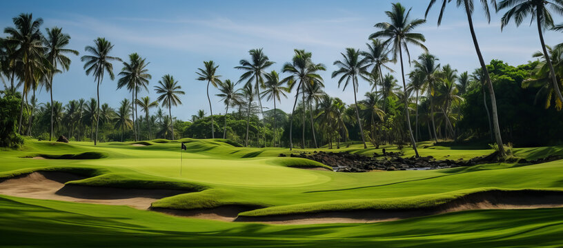 image of a golf course in the tropics with palm trees in the background. Generative AI.