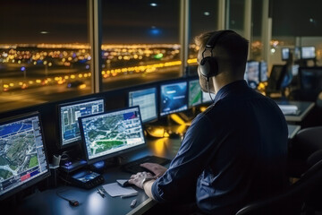 Male Air Traffic Controller Working in Airport Tower