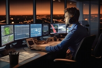 Male Air Traffic Controller with Headsets at Work in Airport Tower - obrazy, fototapety, plakaty