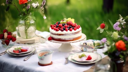 Tasty cake with berries placed on banquet table near flowers and dishware on summer day in garden