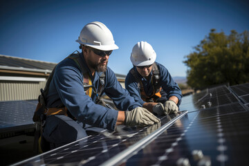 Engineers installing solar panels on a roof