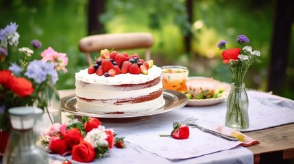 Obraz na płótnie Canvas Tasty cake with berries placed on banquet table near flowers and dishware on summer day in garden