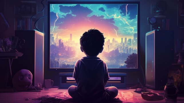 The Child Is Sitting In Front Of A Computer Screen. The Boy Is Playing Computer Games Or Watching TV In His Room, A View From The Back