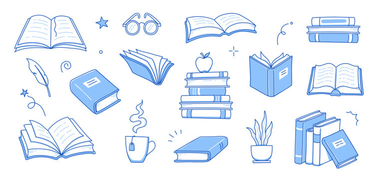 Book library stack sketch set. Hand drawn sketch doodle style line book stack. Library, reading, school doodle concept icon background. Blue pen line style stroke. Vector illustration.